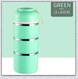 Insulated Hot Food Thermos Lunchbox Tower with multi-layer design and choice of green, pink, blue, or gray colour