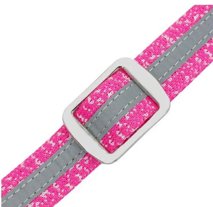 A stylish and reflective dog collar made from high-quality nylon material for enhanced visibility and safety.