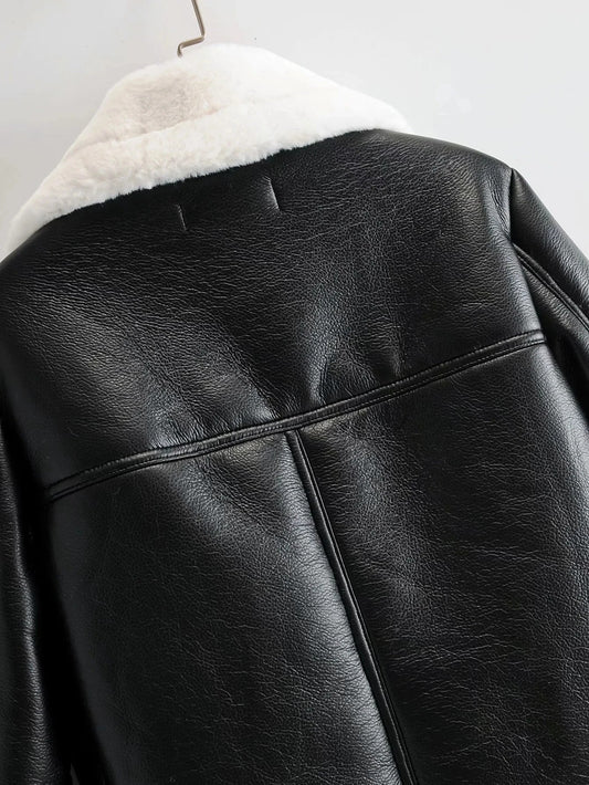 Warm faux leather jacket with plush faux fur lining, available in classic British colours for autumn and winter wear.