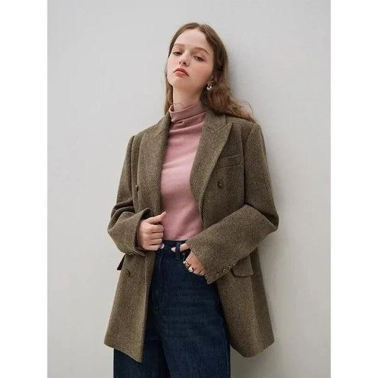 Sophisticated wool blazer and skirt set for professional women, featuring a chic double-breasted jacket and an elegant long skirt with a stylish front split