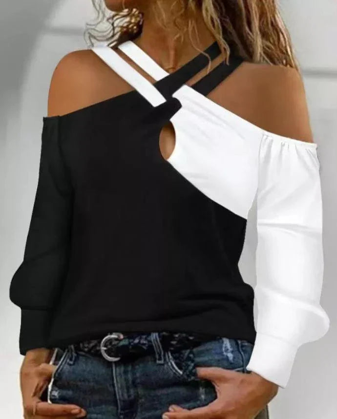 Premium patchwork blouse in black with a unique collage/splicing design, made from high-quality polyester for versatile style and comfort.