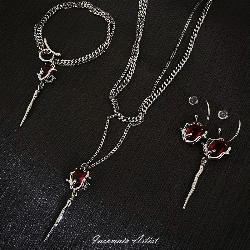 Premium Vampire Sceptre Necklace with Alloy and Semi-Precious Stones, Adjustable Chain for Customised Fit, Gothic Charm and Macabre Style
