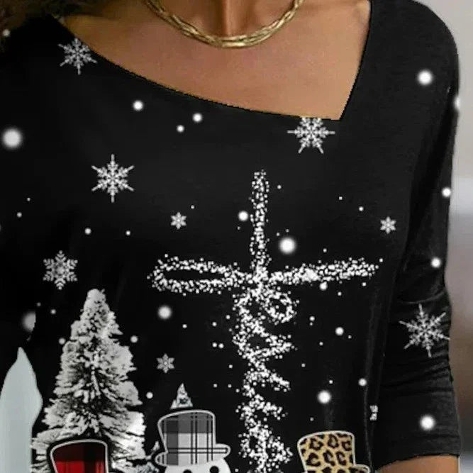 Women's Christmas-themed long sleeve pullover top with diagonal collar and festive print design