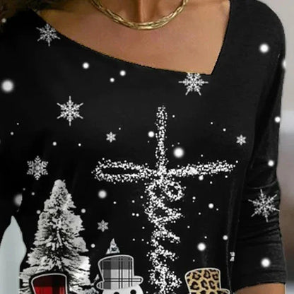 Women's Christmas-themed long sleeve pullover top with diagonal collar and festive print design
