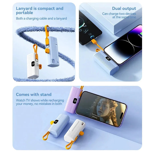 Compact, high-capacity power bank with dual charging ports and built-in cables for convenient, fast charging on the go