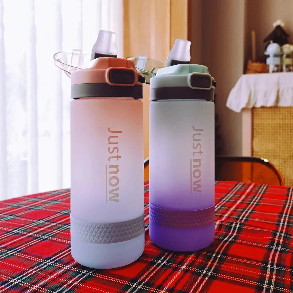 Eco-Friendly Portable Water Bottle with Straw in various colours, including Purple, Yellow, and Blue