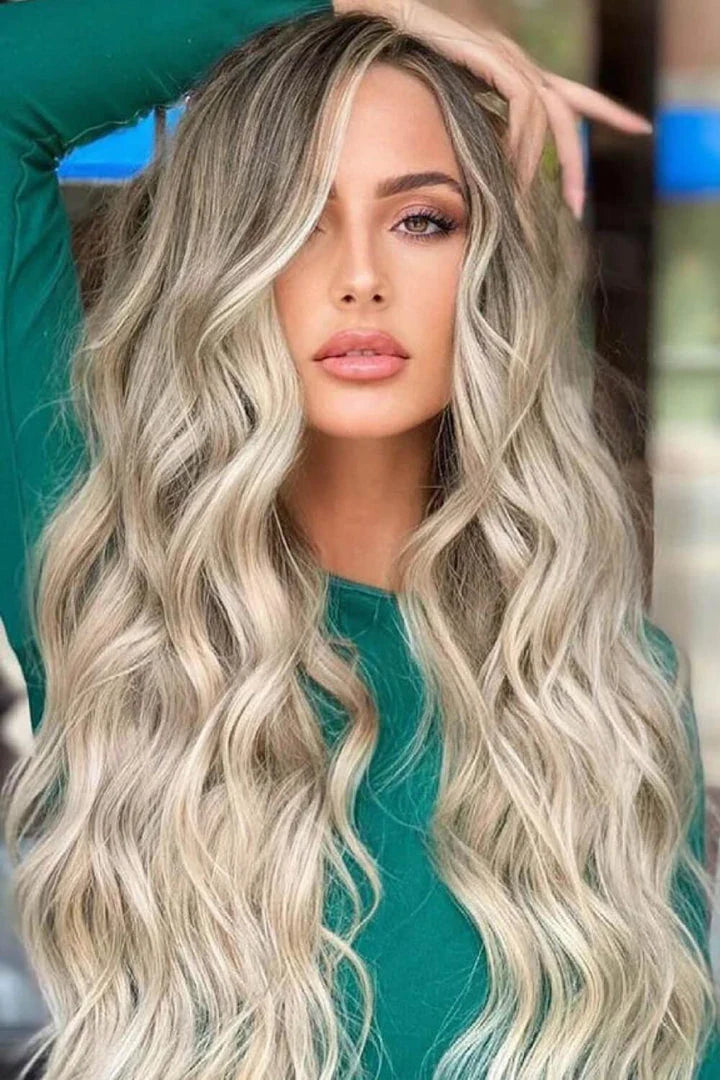 Trendha's premium 26-inch full-machine long wave wig in a vibrant silver/gray colour, showcasing a luxurious, natural-looking wave texture.