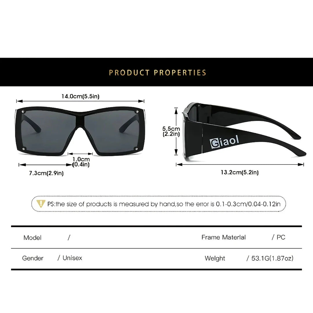 Oversized square sunglasses with black lenses and a durable plastic frame, offering UV400 protection and adaptive photochromic technology.