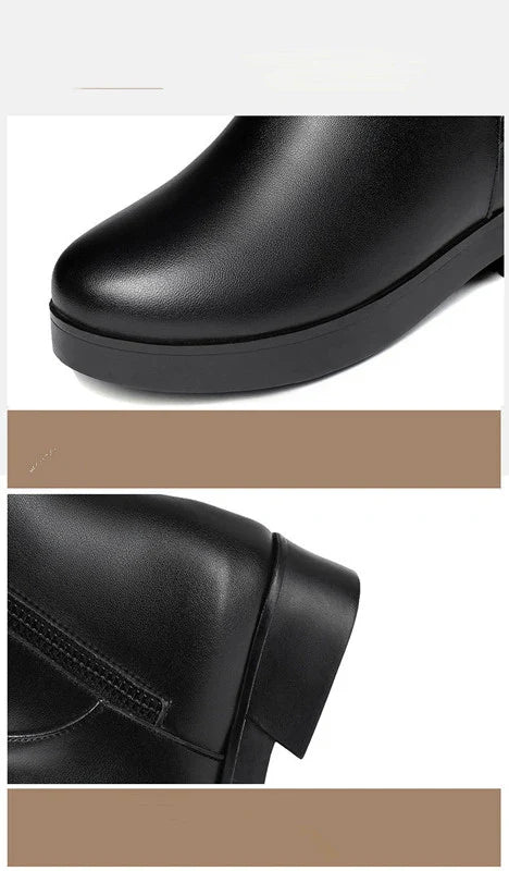 Luxurious velvet mid-calf boots with thick heels, perfect for women's winter fashion in the UK