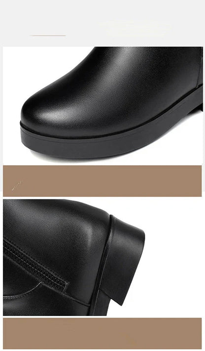 Luxurious velvet mid-calf boots with thick heels, perfect for women's winter fashion in the UK
