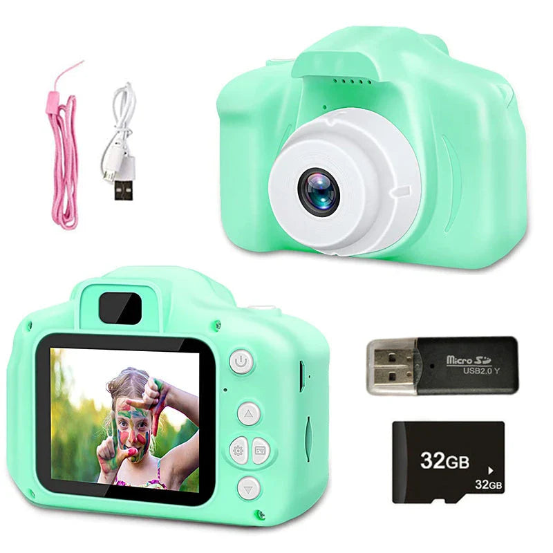 Kids' Mini HD Digital Video Camera in pink colour with 32GB storage, designed for young photographers to capture high-quality photos and videos