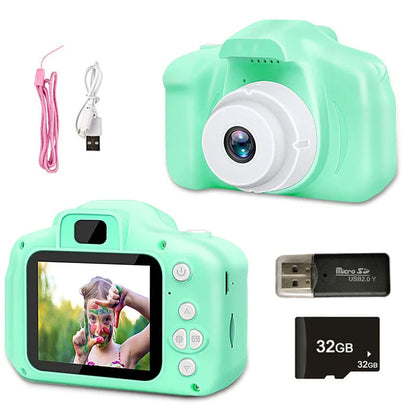 Kids' Mini HD Digital Video Camera in pink colour with 32GB storage, designed for young photographers to capture high-quality photos and videos