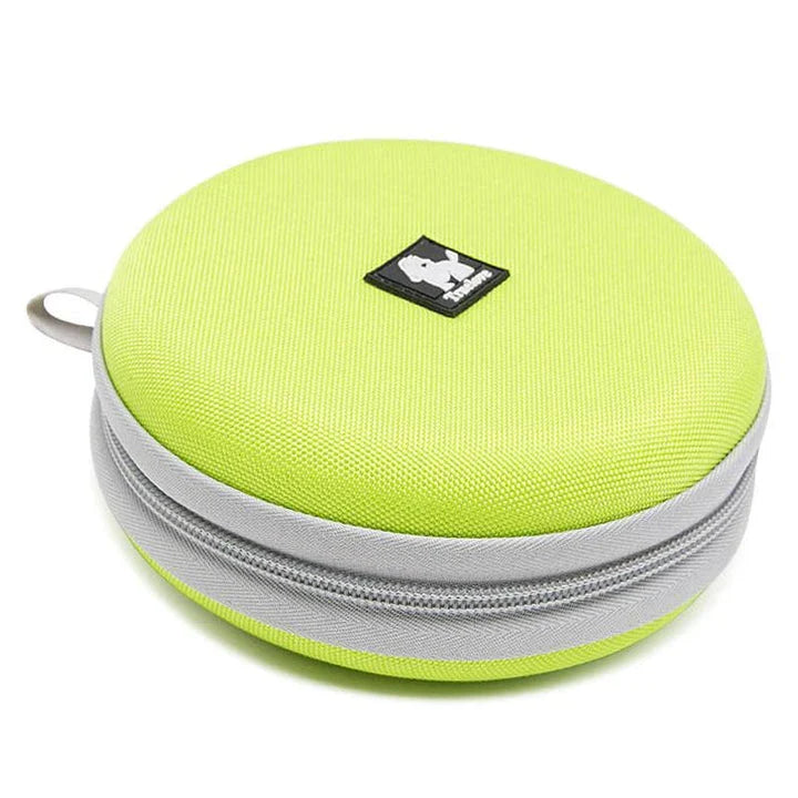 Premium collapsible dog bowl with dual compartments for food and water, made of durable 900D oxford fabric and waterproof nylon lining