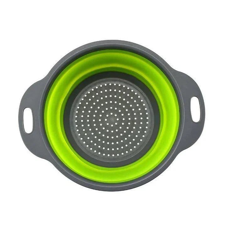 A vibrant, colourful folding colander made with durable food-grade materials for efficient straining and compact storage in the kitchen.