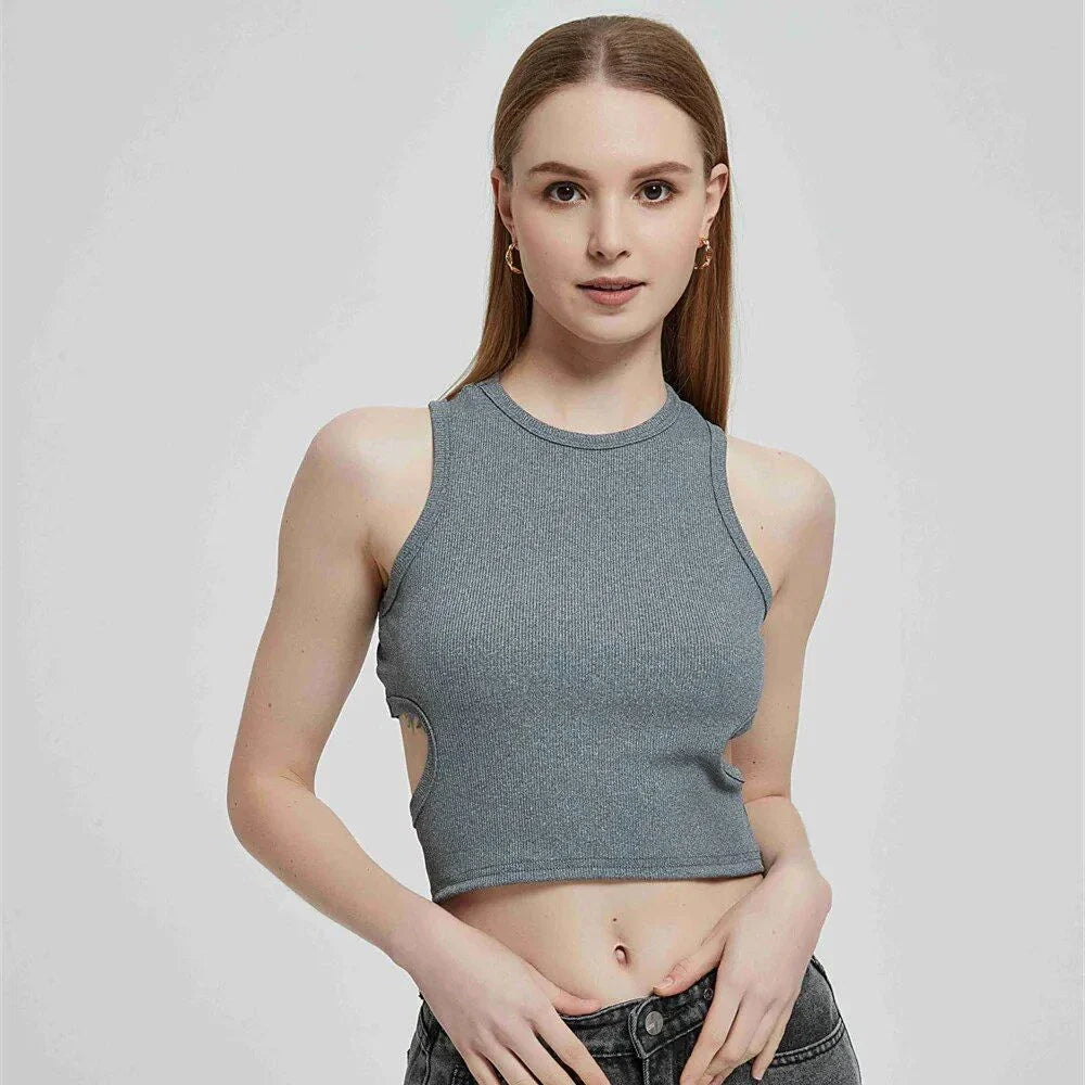 A chic ribbed knit Y2K-inspired tank top in a solid green colour, offering a flattering fit and timeless style.