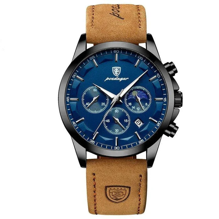 Premium Quartz Chronograph Sports Watch with stainless steel case, luminous hands, and adjustable leather strap