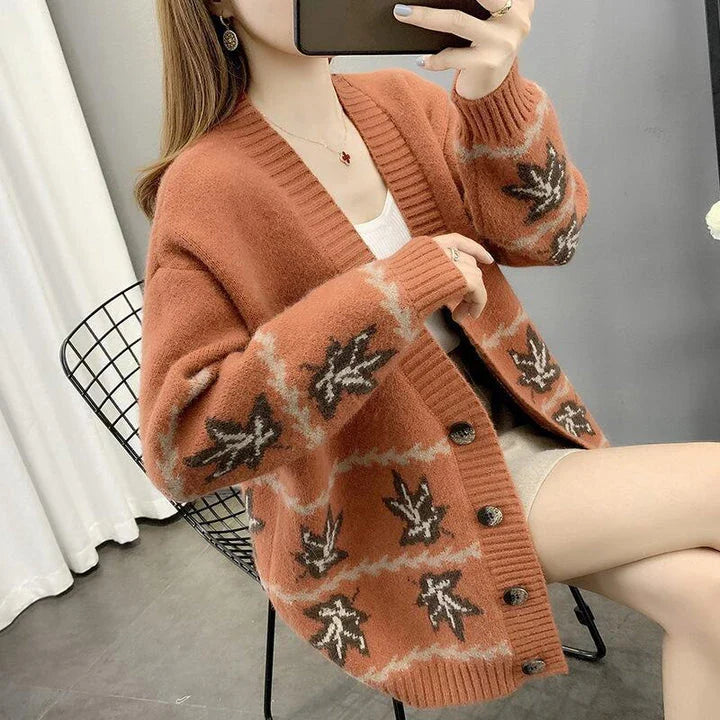 Women's Maple Leaf Knitted Cardigan in Light Coffee Colour with Loose, Relaxed Fit and Long Sleeves