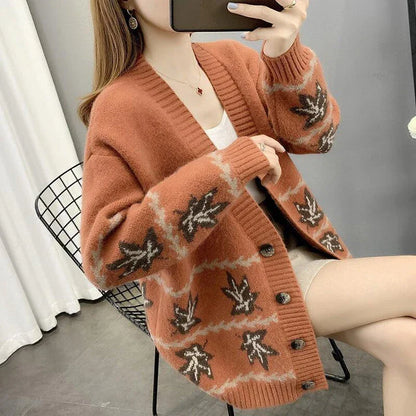 Women's Maple Leaf Knitted Cardigan in Light Coffee Colour with Loose, Relaxed Fit and Long Sleeves