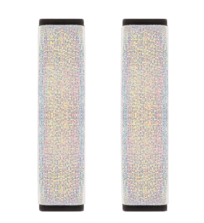 Multicoloured bling seat belt covers in a car, adding a touch of glamour and personality to the interior