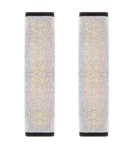 Multicoloured bling seat belt covers in a car, adding a touch of glamour and personality to the interior