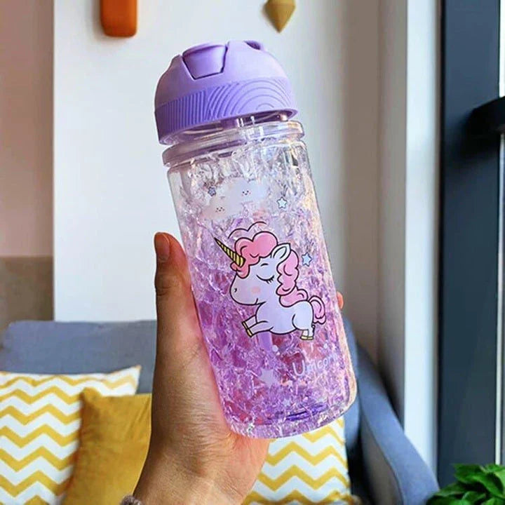 A blue water bottle with a unicorn print design and two straws, perfect for staying hydrated in a magical way.