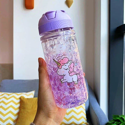 A blue water bottle with a unicorn print design and two straws, perfect for staying hydrated in a magical way.
