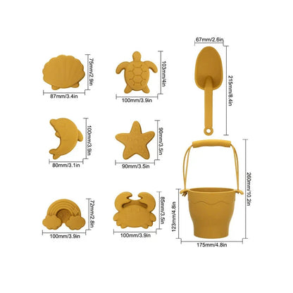 Premium eco-friendly silicone beach playset with bucket, spades, and themed molds for children's creative outdoor play