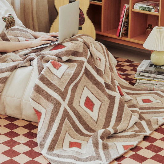 Luxurious Plaid Throw Blanket in Khaki, a cosy and stylish microfibre blanket with a vibrant Mediterranean-inspired design
