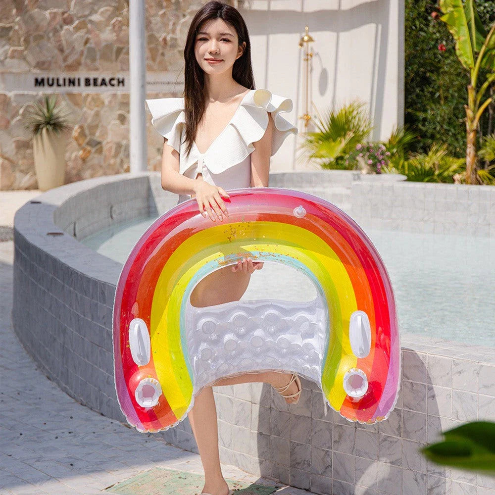 Luxury inflatable water hammock with dual handles and cup holders for relaxing by the pool or at the beach