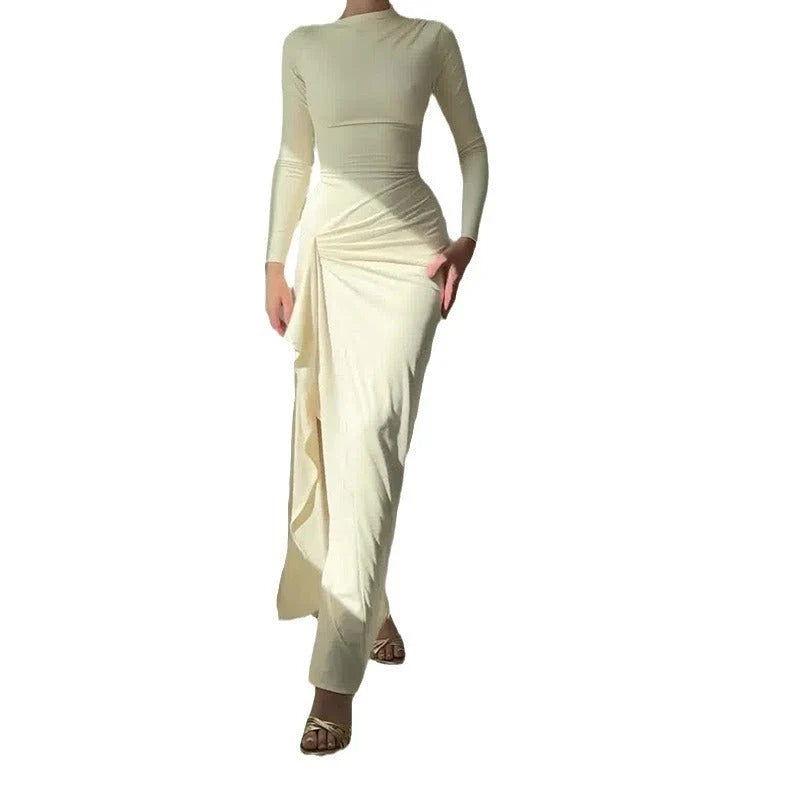 Trendha slim-fit autumn dress in champagne and wine red colours, featuring a flattering silhouette and subtle split detail
