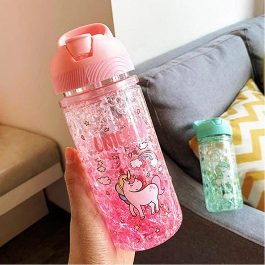 A blue water bottle with a unicorn print design and two straws, perfect for staying hydrated in a magical way.