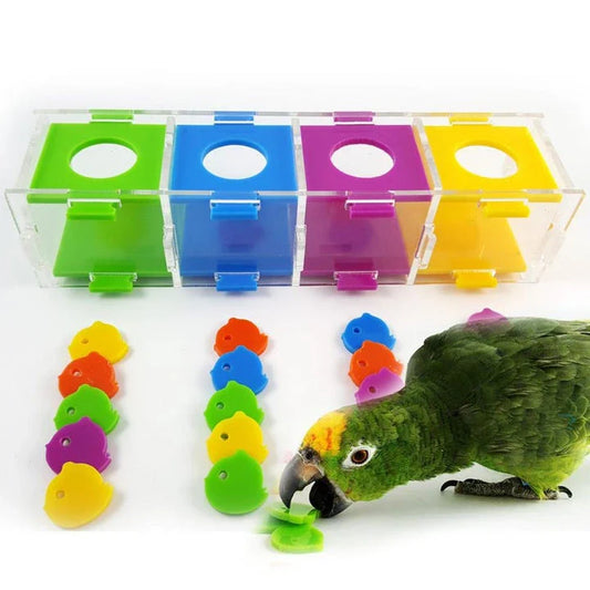 Colourful and engaging puzzle toy designed to stimulate a parrot's cognitive abilities and problem-solving skills