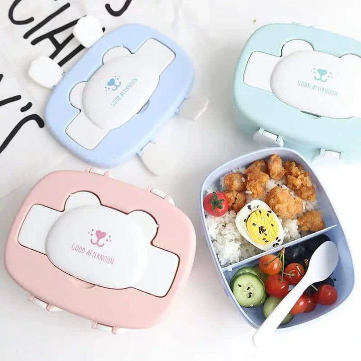 Colourful and stylish children's double lunch box with bear or kitten graphics, featuring two separate compartments for organised packing