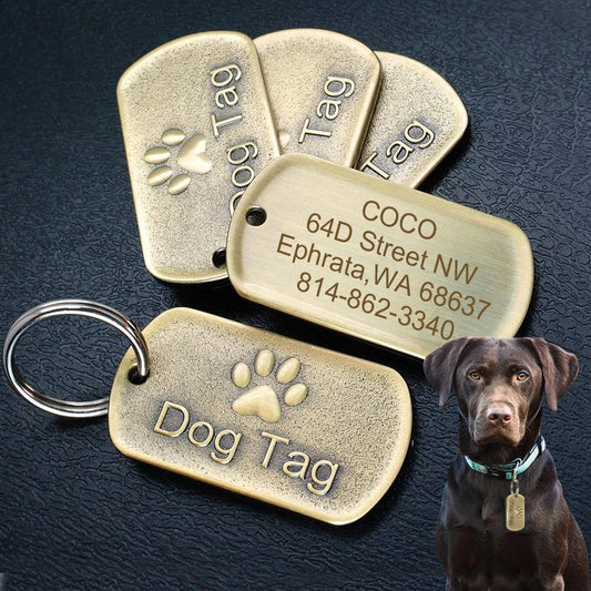 Vintage-style personalized pet ID tag made from durable metal, featuring engraved text for customization and a classic design.