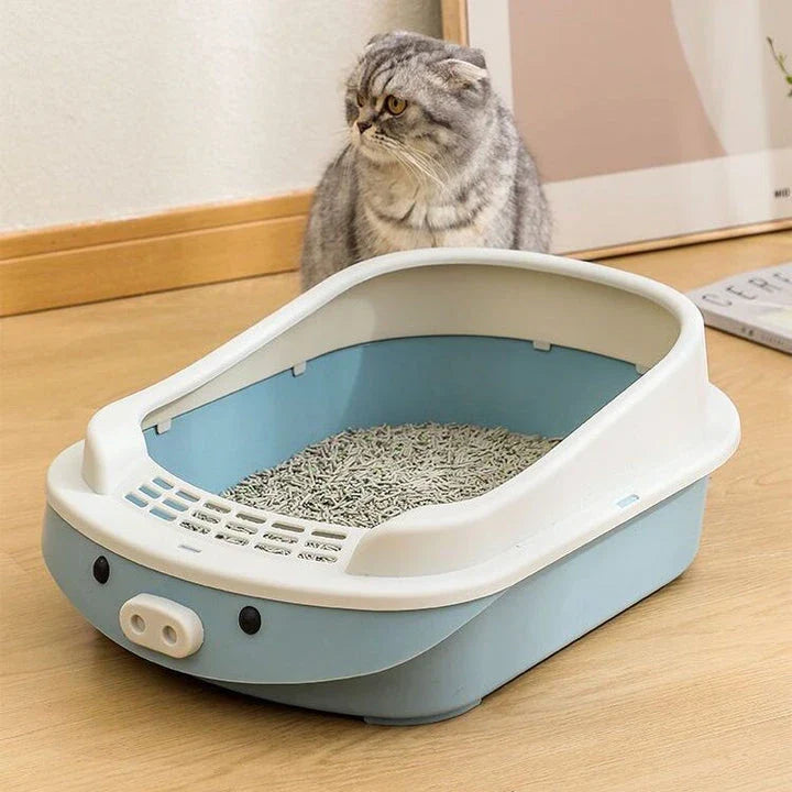 Oversized semi-enclosed cat litter box in Haze Blue colour, featuring high sides and covered top for enhanced privacy and litter containment