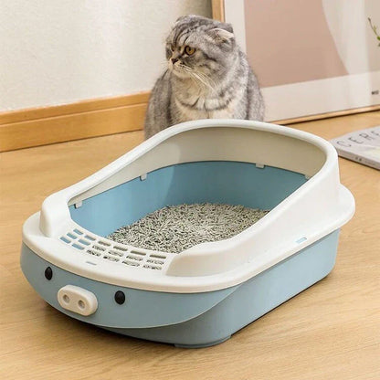 Oversized semi-enclosed cat litter box in Haze Blue colour, featuring high sides and covered top for enhanced privacy and litter containment