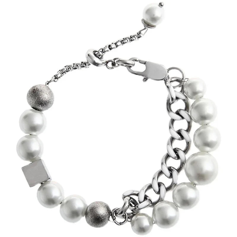 Elegant Pearl Cuban Double Layer Bracelet for men and women, featuring a premium titanium steel construction and a sophisticated design.
