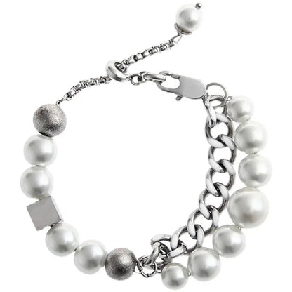 Elegant Pearl Cuban Double Layer Bracelet for men and women, featuring a premium titanium steel construction and a sophisticated design.
