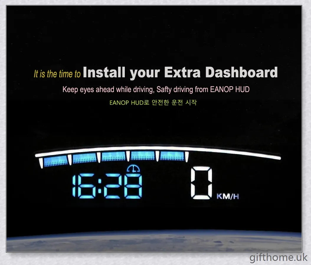 Premium windscreen-mounted car speed projector with bright, clear display reflecting on the windscreen