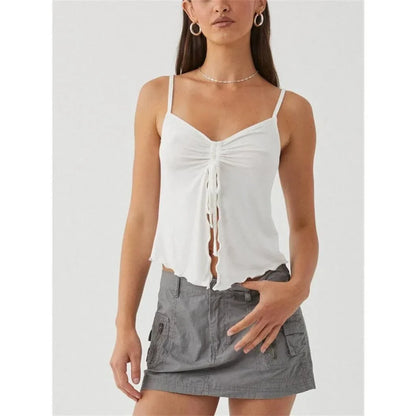 Chic white sleeveless crop top with side bandage detail, perfect for summer fashion