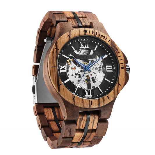 Premium handcrafted wooden automatic watch with intricate mechanical movement and natural wood strap