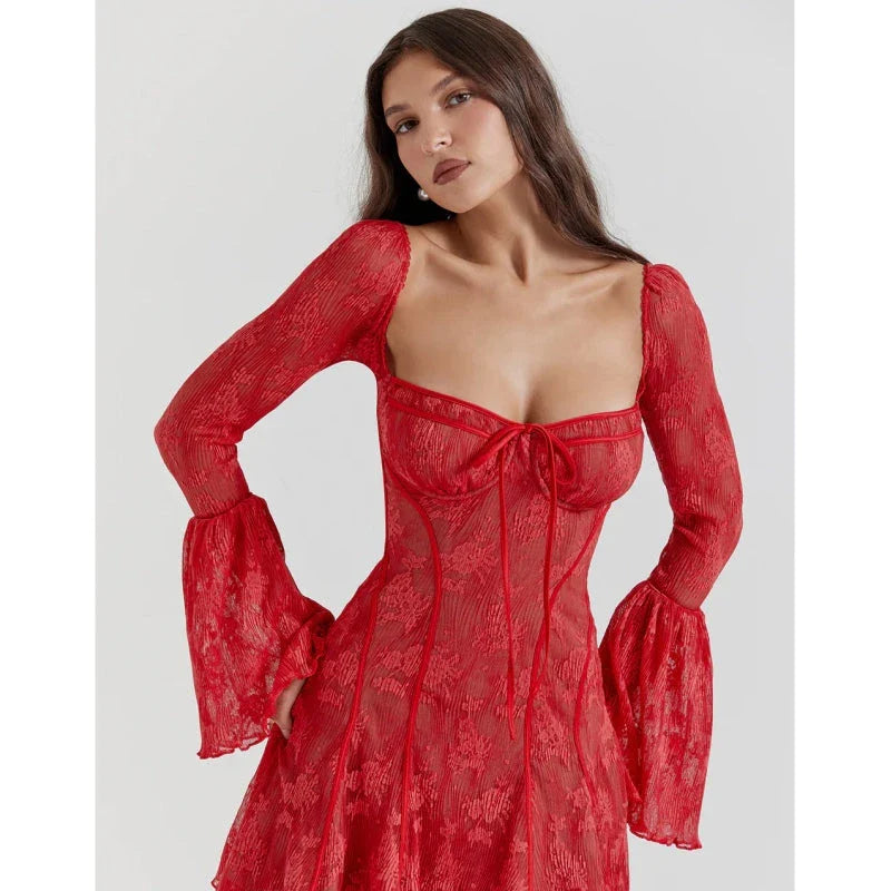 Chic lace flare sleeve mini dress with square neckline, a modern and sophisticated British-made fashion item