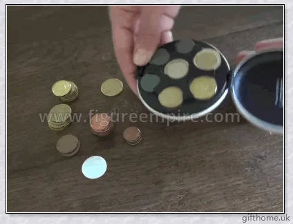 Compact and durable pocket coin dispenser with seven slots for organising Euros, Dollars and other coins