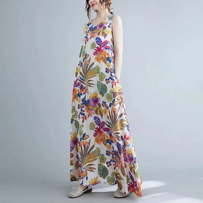 Elegant floral print cotton linen maxi dress in blue, perfect for warm weather wear