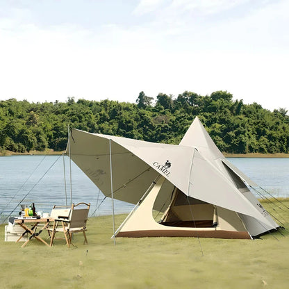 Premium 6-8 person family camping tent with durable 600D Oxford fabric, reflective mylar lining, and UPF50+ sun protection for exceptional weatherproofing and comfort.