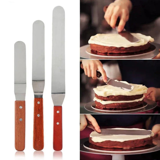 Stainless steel kitchen spatula with wooden handle, available in 15cm, 22cm, and 25cm lengths