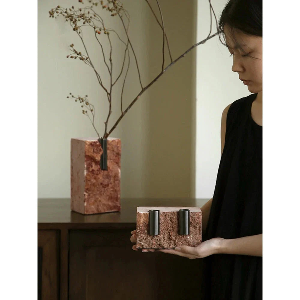 Elegant minimalist red travertine vase for refined home decor in the UK