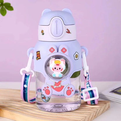 Colourful, durable Kids Cartoon Water Bottle with straw and carrying strap, designed for children's hydration needs