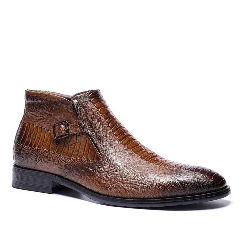 Premium men's formal Chelsea boots in brown, featuring a round toe, low wedge heel, and side zipper closure for a polished, office-ready look