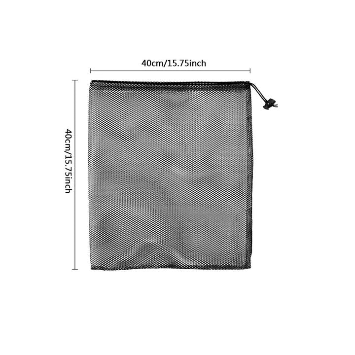 Multipurpose nylon mesh drawstring storage bag in two sizes for organising sports gear, laundry, and more